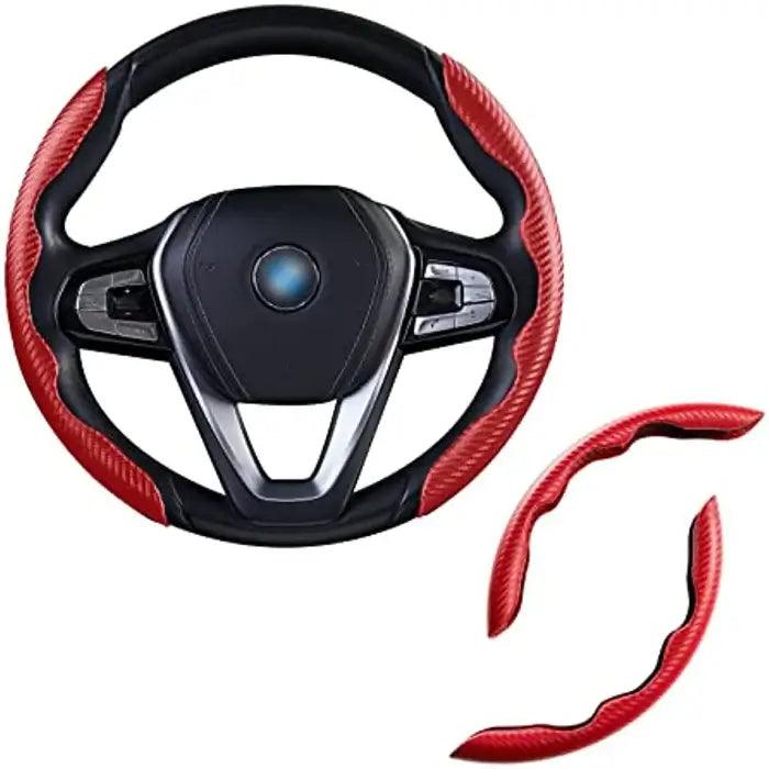 Steering wheel cover with red and black design on a white background