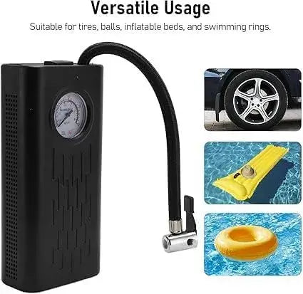 Black portable air compressor with a pressure gauge, suitable for inflating tires, balls, and swimming rings.