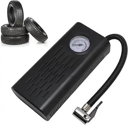 Black portable air compressor with tire and valve on a white background