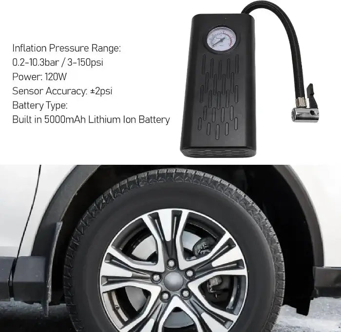 Portable air compressor with tire inflation details and a tire being inflated.