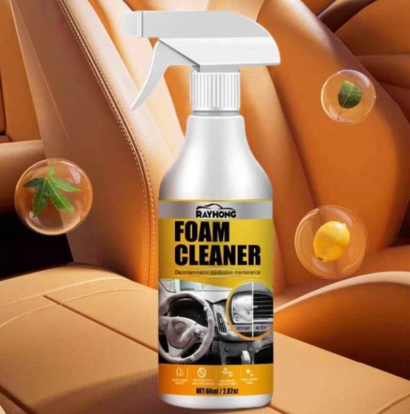 Foam cleaner spray bottle with a car interior background