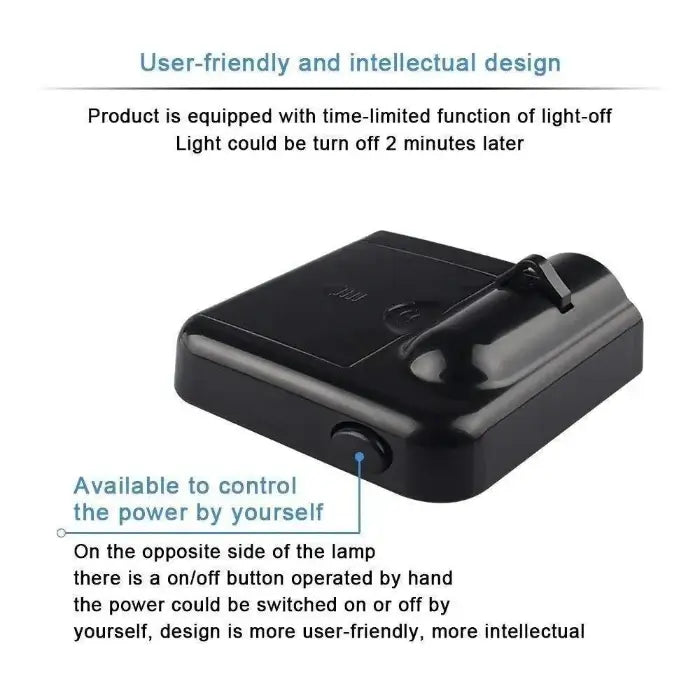Black electronic device with on/off button and text about user-friendly design