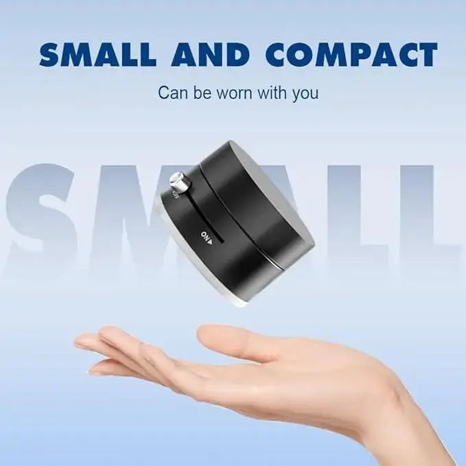 Small and compact device being held in a hand with text on a blue background