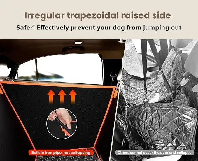 Car safety black car seat having gate with text highlighting its features and comparison with other dog car seat placed inside a car.