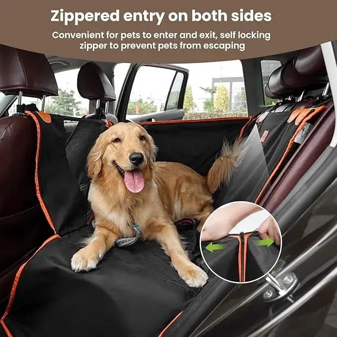 Dog sitting on a black car seat cover with orange trim, featuring a zipper entry system.