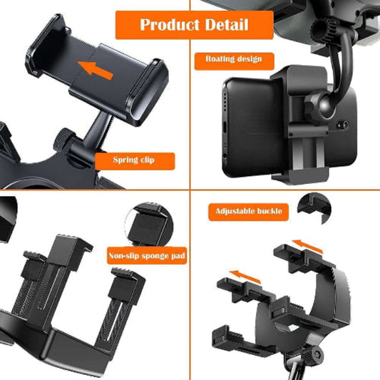 Collage of Premium 360° Mobile Phone Holder features showing rotating design, adjustable buckle, spring clip, and non-slip sponge pad.