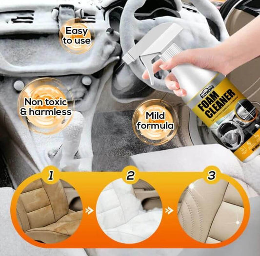 Foam cleaner being used on car interior with text highlighting features
