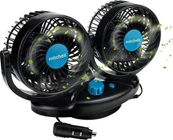 Mitchell 12V Dual-Head Car Fan with 360° rotation, providing powerful cooling for vehicles in hot weather.