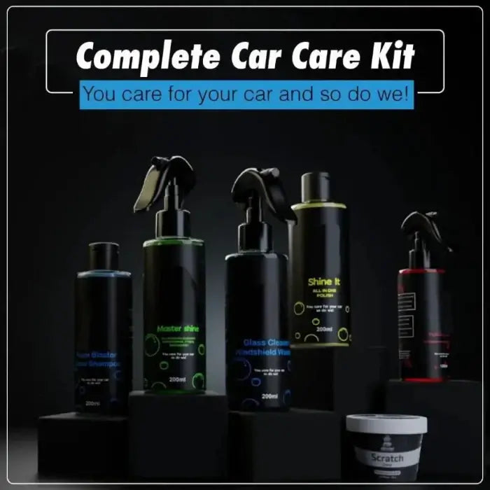 Collection of car care products on a dark background with text 'Complete Car Care Kit'.