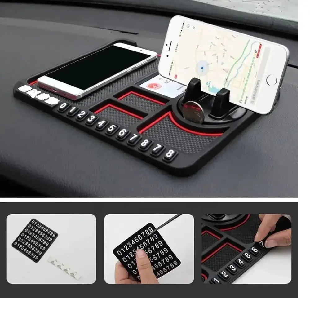 Car dashboard organizer with phone holder and number pad, showing close-up details.