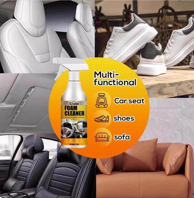 Multifunctional foam cleaner bottle with usage examples on car seats, shoes, and sofa.