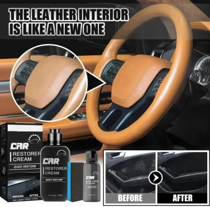 Car interior restoration kit with steering wheel and dashboard showing before and after effects.