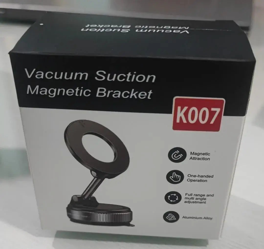 Box of a vacuum suction magnetic bracket with branding and product features.