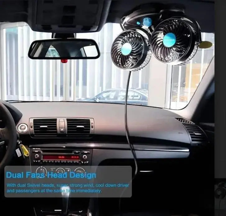 Mitchell 12V Dual-Head Car Fan with flexible swivel design for instant cooling in vehicles.