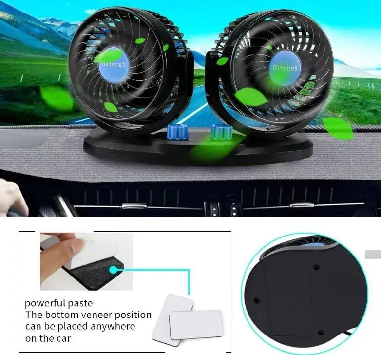 Mitchell 12V Dual-Head Car Fan with 360° rotation, perfect for cooling in Indian summers.