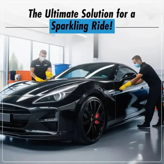 Two car mechanics working on a black sports car in a garage with text 'The Ultimate Solution for a Sparkling Ride!'.