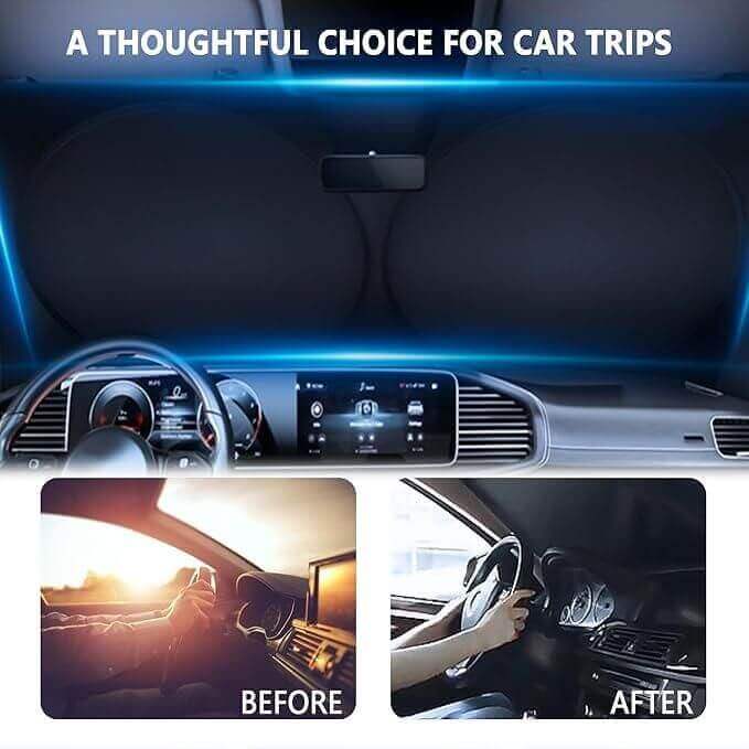Comparative image showing a car interior with sunshade cover before and after installation, highlighting instant cooling benefits.