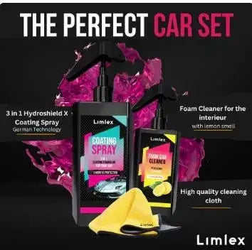 Limlex car care product set with spray, cleaner, and cloth on a black background