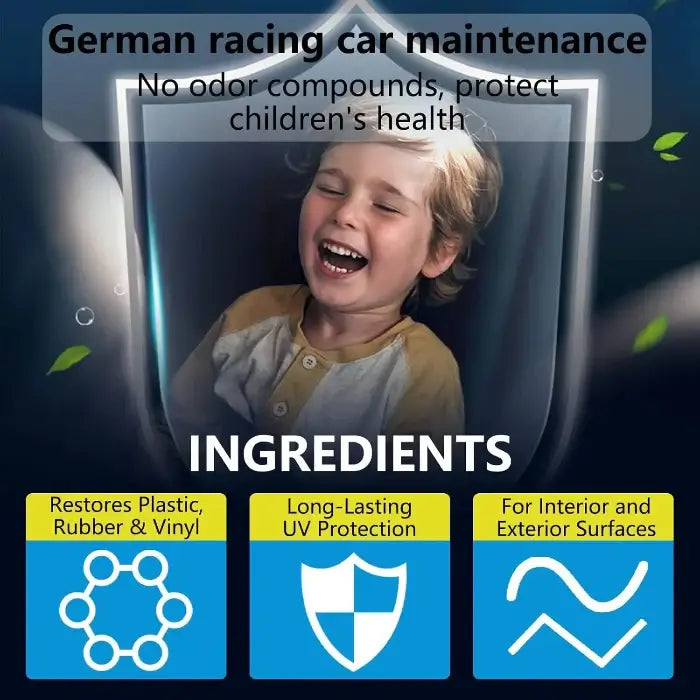 Product advertisement for German racing car maintenance with a child and shield graphic.