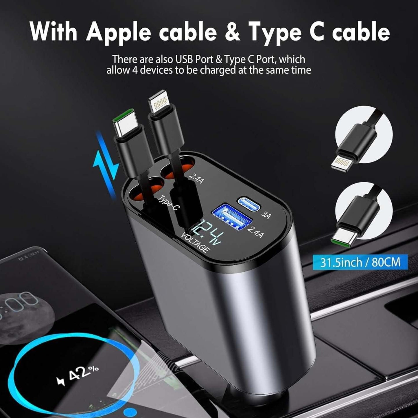 Dynamic 4-in-1 retractable car charger with Apple and Type C cables, charging 4 devices simultaneously.