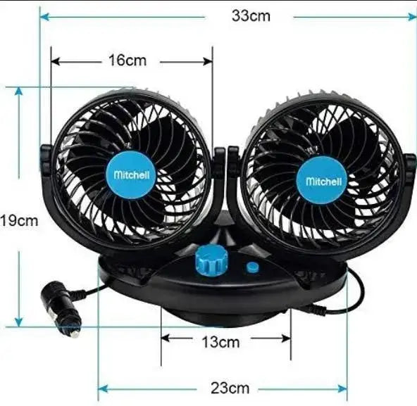Mitchell 12V dual-head car fan with 360° rotation, features two fans, control knob, and measurements for car use.
