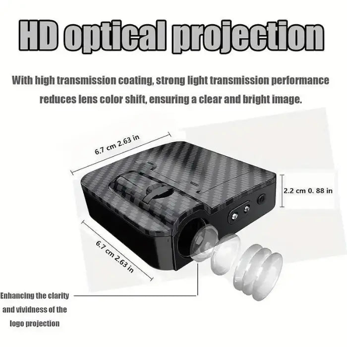 Small projector with dimensions labeled, on a white background with text about HD optical projection.