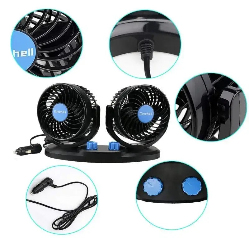 Mitchell 12V Dual-Head Car Fan with 360° rotation, featuring adjustable speed settings and flexible heads for optimal airflow.