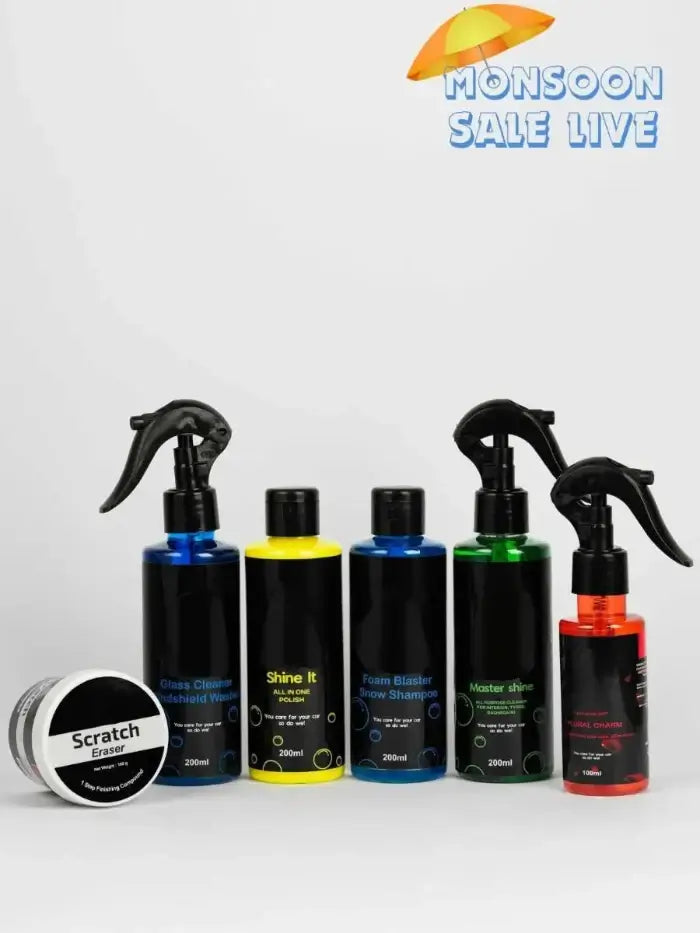 Set of car care products with spray nozzles on a white background, featuring 'Monsoon Sale Live' text.