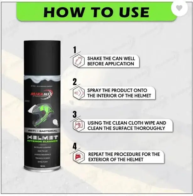 Mikrenix helmet hygiene cleaner with usage instructions on a gray background