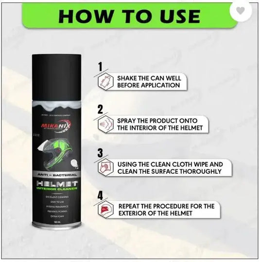 Mikrenix helmet hygiene cleaner with usage instructions on a gray background