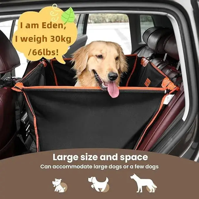 Dog in a car with a pet seat cover, showing the size and space capacity.