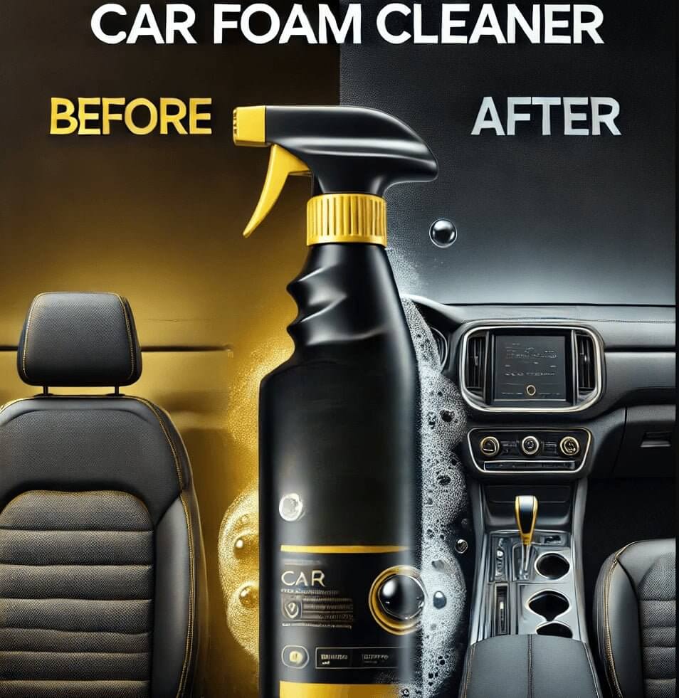 Car foam cleaner bottle with 'Before' and 'After' comparison of car interior cleaning.
