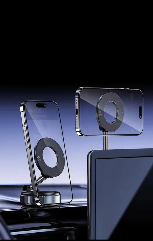 Phone stand with clear phone case on a black background