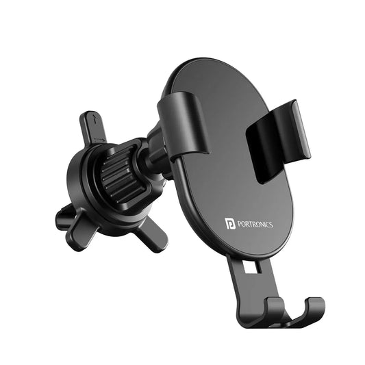Black phone holder with Portronics logo on a white background