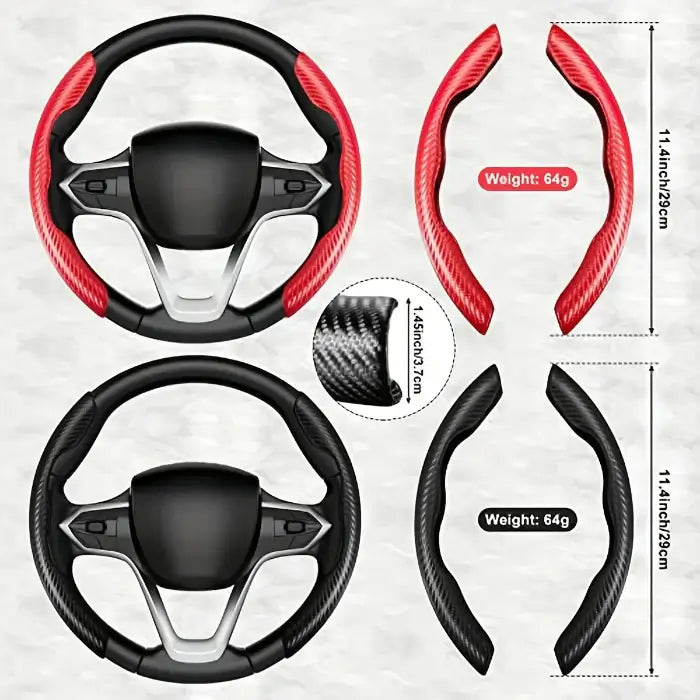 Steering wheel cover set with red and black carbon fiber design, showing steering wheel, cover, and dimensions on a white background.