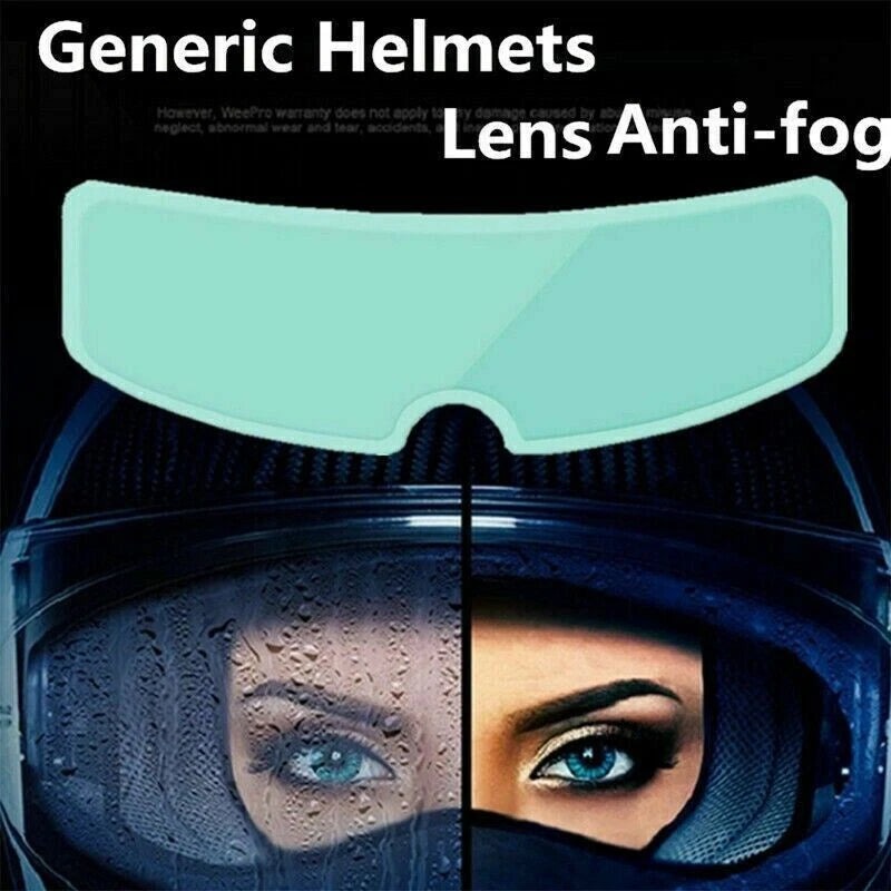 Anti-fog film for generic helmets, featuring a clear lens split between a rainy and clear view of eyes.
