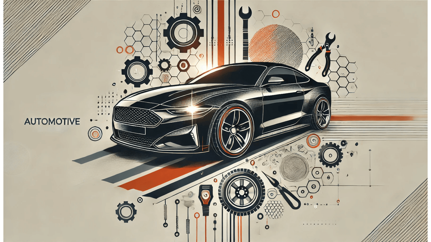 Stylized illustration of a car with automotive tools and gears in the background, representing car maintenance and accessories.