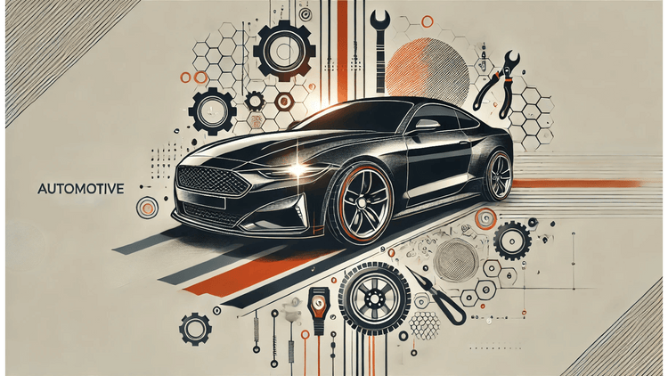 Stylized illustration of a car with automotive tools and gears in the background, representing car maintenance and accessories.