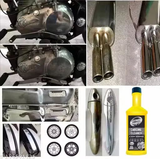 Collage of motorcycle parts, chrome cleaner bottle, and wheel rims.