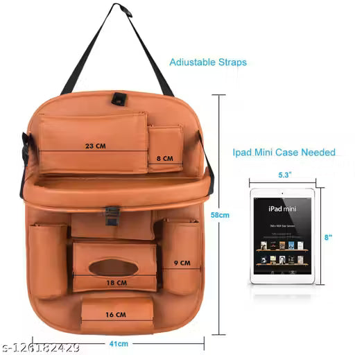 Orange backpack with measurements and an iPad Mini case on a white background