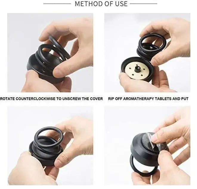 Instructions for using a aromatherapy device with text on how to rotate and open it.