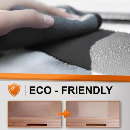 Hand using a cloth on a surface with 'ECO-FRIENDLY' label and wooden product comparison below.