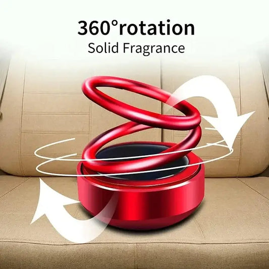 Red spiral fragrance diffuser on a beige surface with '360° rotation' text.