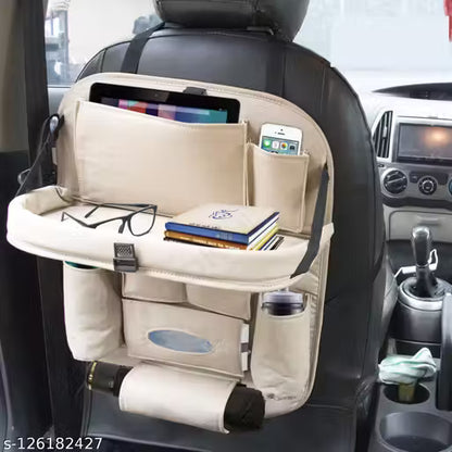 Car back seat organizer with multiple pockets and a tablet stand, placed on a car seat.