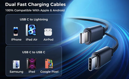 Dual fast charging cables compatible with Apple and Android devices on a blue background