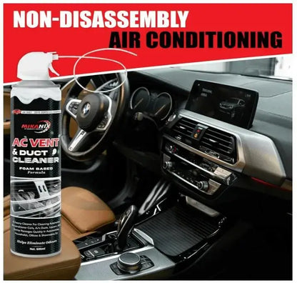 Car interior with an AC vent and duct cleaner spray can, featuring 'Non-Disassembly Air Conditioning' text.