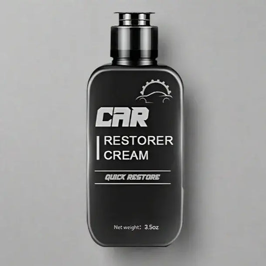 Black bottle of car restorer cream on a gray background
