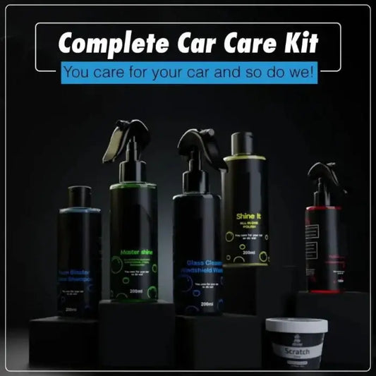 Collection of car care products on a dark background with text 'Complete Car Care Kit'.