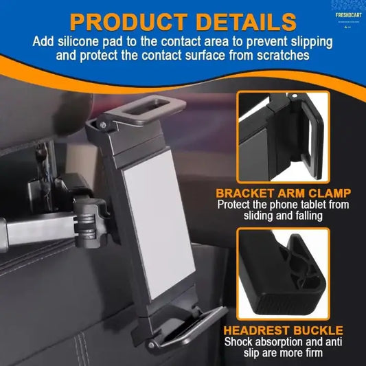 Car phone holder with bracket arm clamp and headrest buckle features, on a dark background.