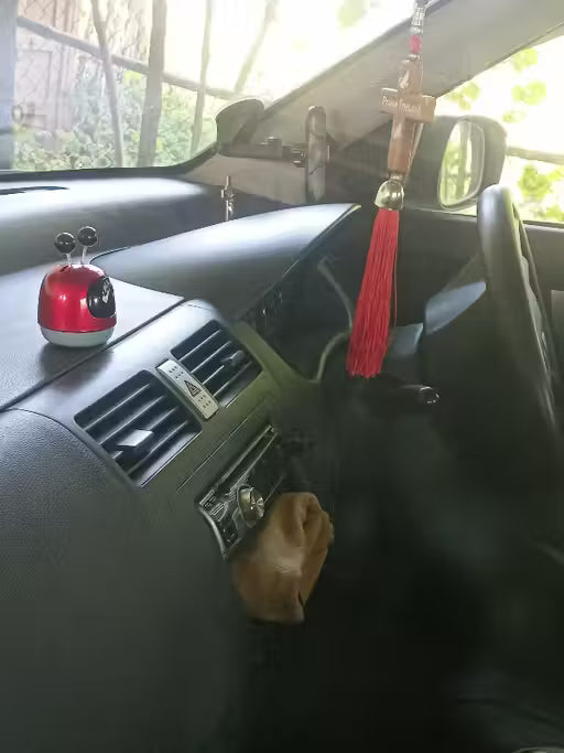 Car dashboard with a red car accessory and tassel hanging from the rearview mirror.